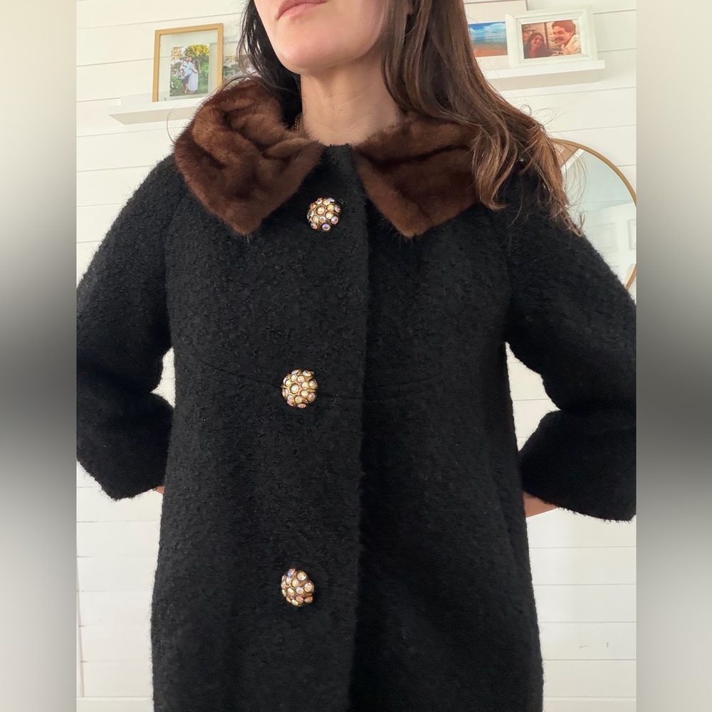 Vintage Hockanum Sabrina Coat, Jackie O Style. Black Wool Coat Brown Fur Collar